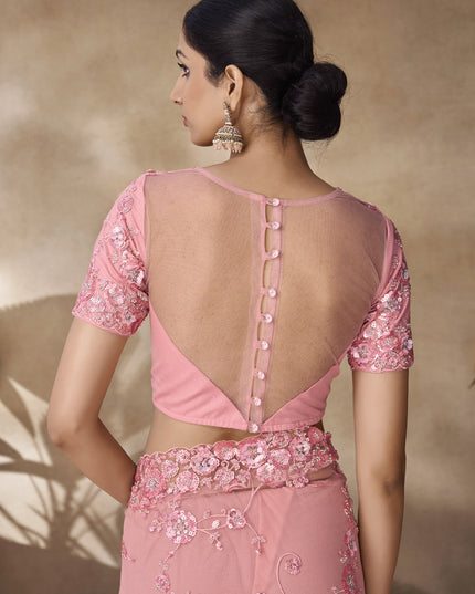 Peach Net Embroidered Designer Wedding Saree