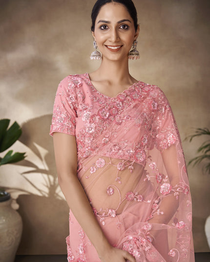 Peach Net Embroidered Designer Wedding Saree