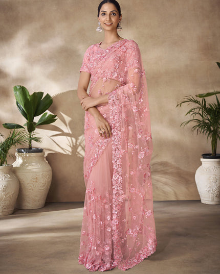 Peach Net Embroidered Designer Wedding Saree