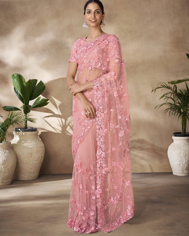 Peach Net Embroidered Designer Wedding Saree