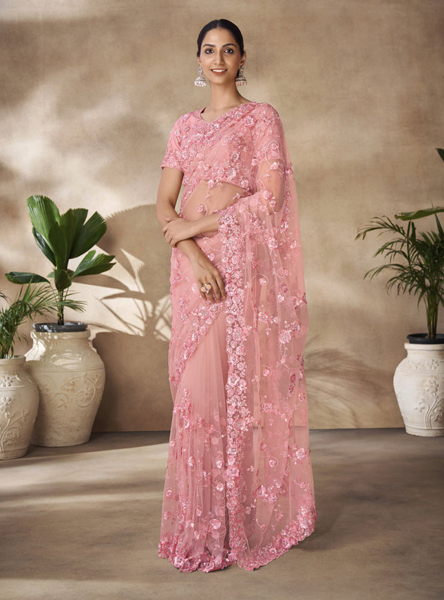 Peach Net Embroidered Designer Wedding Saree