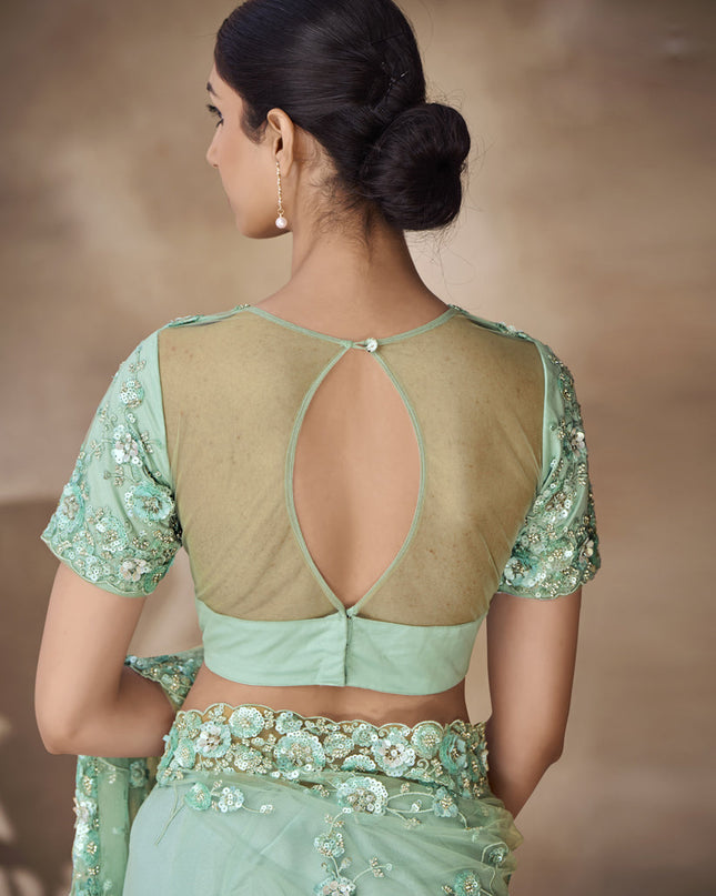 Mint Green Net Embroidered Designer Wedding Saree