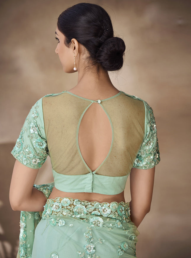Mint Green Net Embroidered Designer Wedding Saree