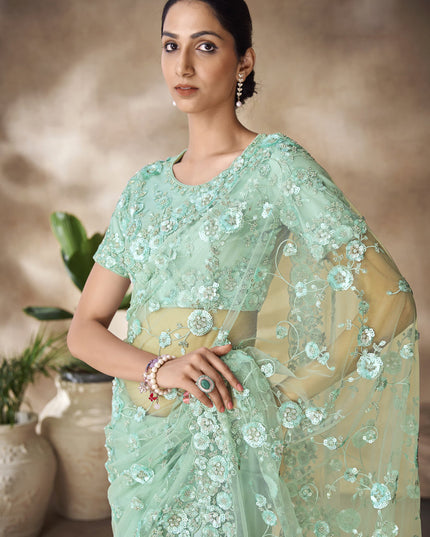 Mint Green Net Embroidered Designer Wedding Saree