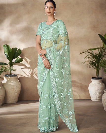 Mint Green Net Embroidered Designer Wedding Saree