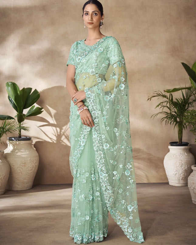 Mint Green Net Embroidered Designer Wedding Saree
