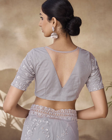Soft Grey Net Embroidered Designer Wedding Saree