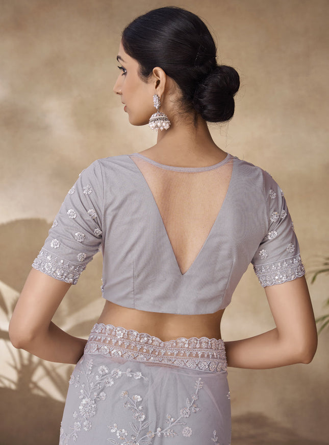 Soft Grey Net Embroidered Designer Wedding Saree