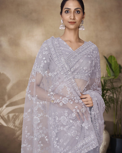 Soft Grey Net Embroidered Designer Wedding Saree