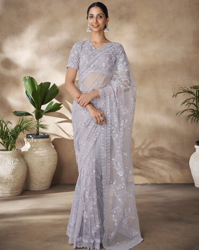 Soft Grey Net Embroidered Designer Wedding Saree