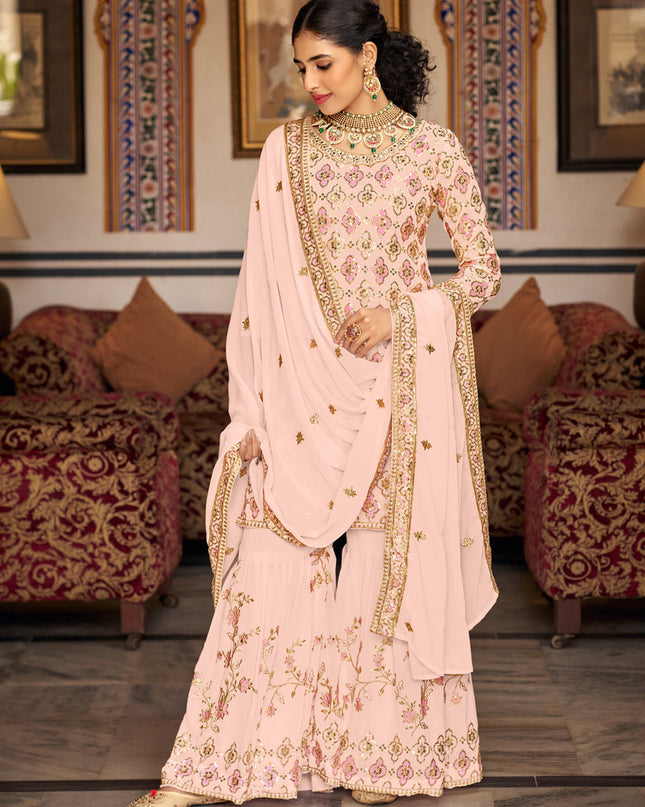 Blush Peach Faux Georgette Embroidered Sharara Kameez