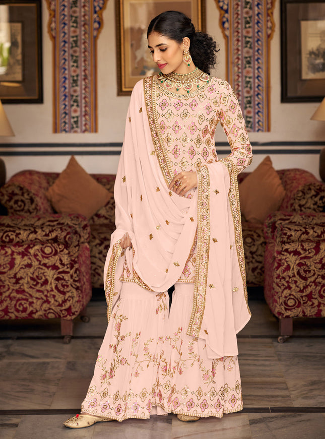 Blush Peach Faux Georgette Embroidered Sharara Kameez
