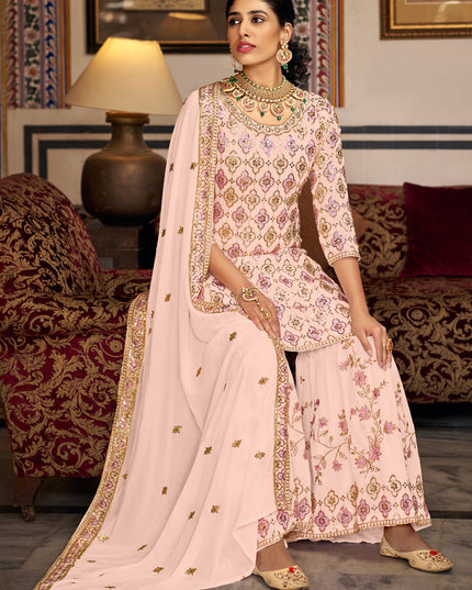 Blush Peach Faux Georgette Embroidered Sharara Kameez