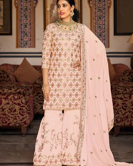 Blush Peach Faux Georgette Embroidered Sharara Kameez