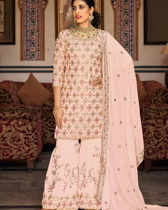 Blush Peach Faux Georgette Embroidered Sharara Kameez