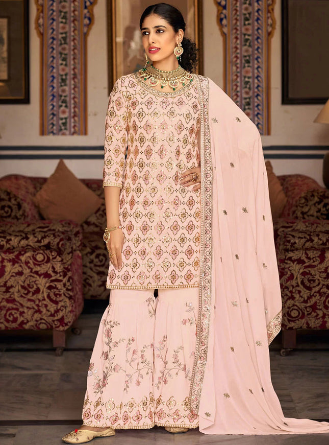 Blush Peach Faux Georgette Embroidered Sharara Kameez