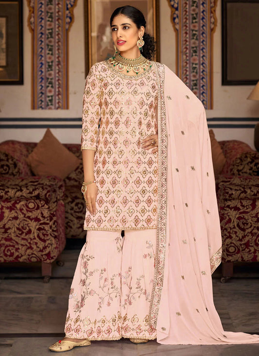 Blush Peach Faux Georgette Embroidered Sharara Kameez