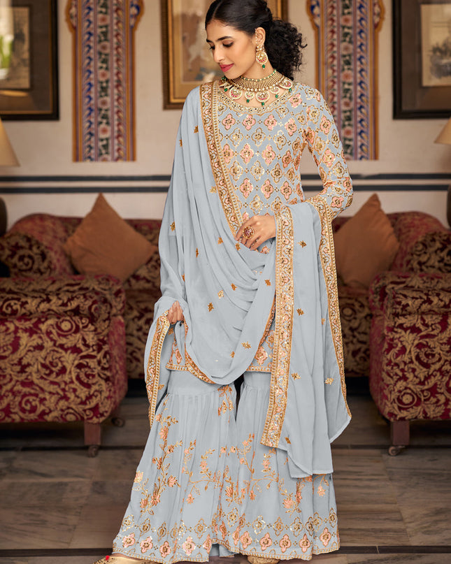 Soft Grey Faux Georgette Embroidered Sharara Kameez