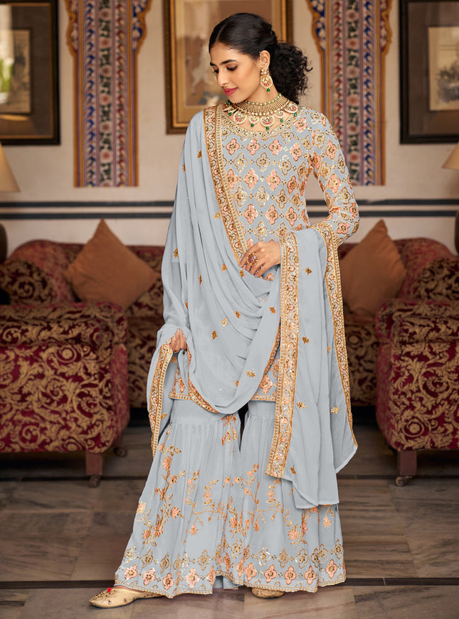 Soft Grey Faux Georgette Embroidered Sharara Kameez