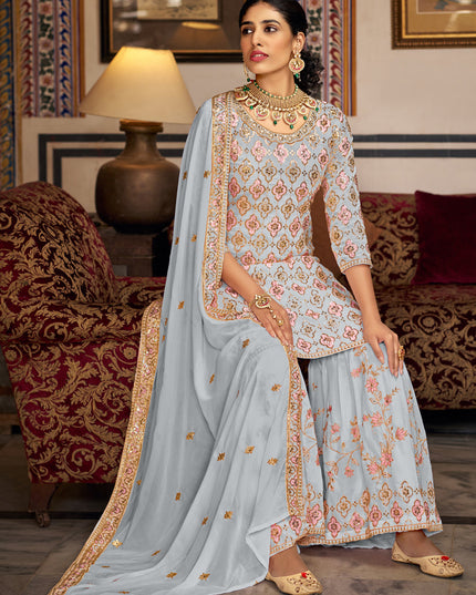 Soft Grey Faux Georgette Embroidered Sharara Kameez
