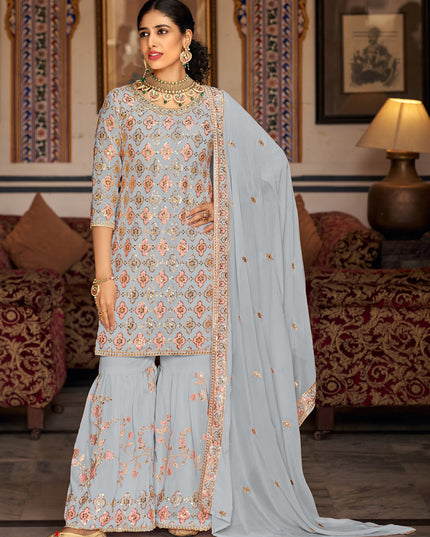 Soft Grey Faux Georgette Embroidered Sharara Kameez