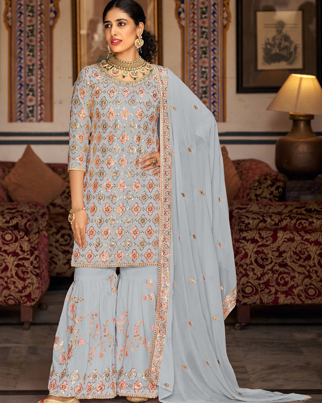 Soft Grey Faux Georgette Embroidered Sharara Kameez