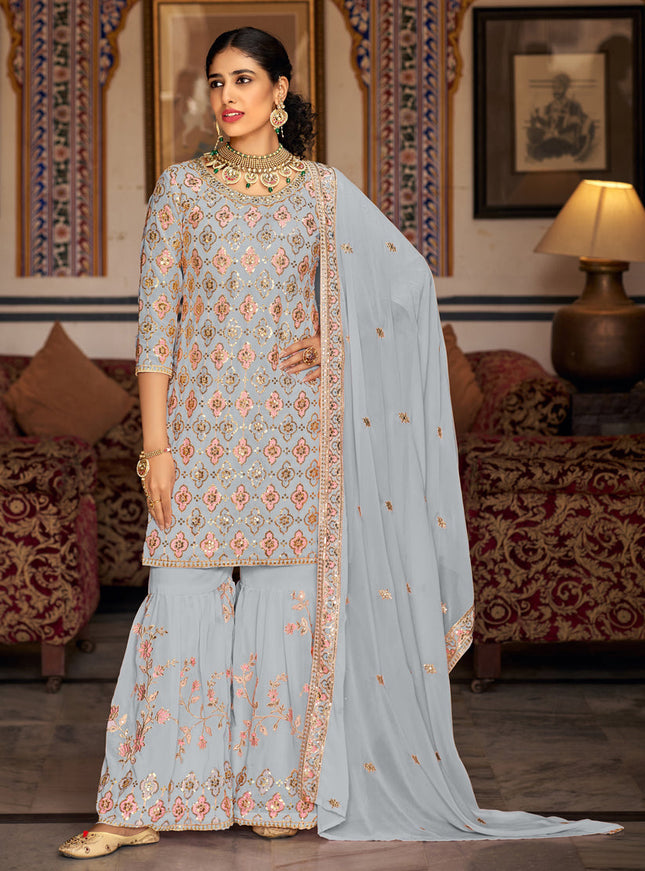 Soft Grey Faux Georgette Embroidered Sharara Kameez