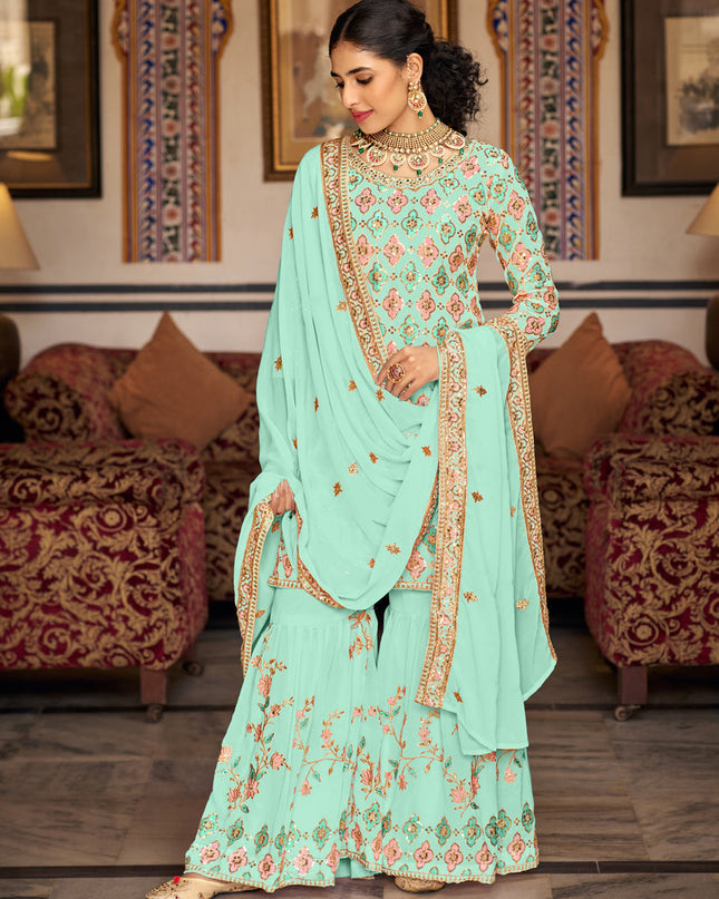 Ice Mint Faux Georgette Embroidered Sharara Kameez