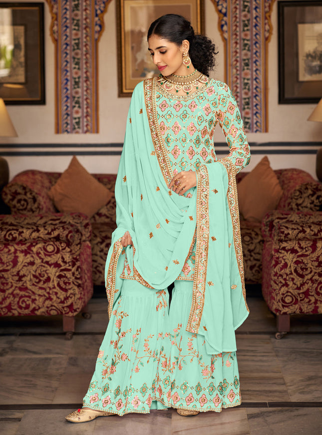 Ice Mint Faux Georgette Embroidered Sharara Kameez