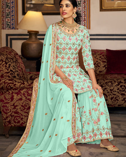 Ice Mint Faux Georgette Embroidered Sharara Kameez