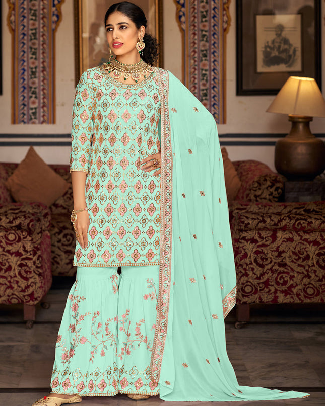 Ice Mint Faux Georgette Embroidered Sharara Kameez