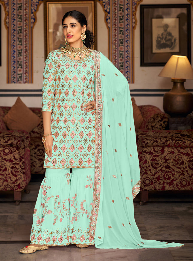 Ice Mint Faux Georgette Embroidered Sharara Kameez