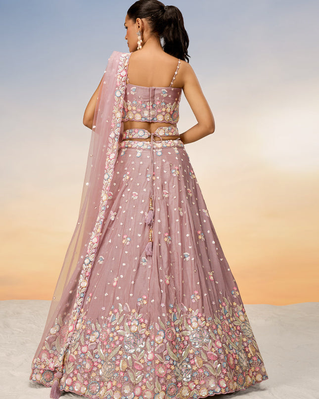 Rose Gold Faux Chiffon Embroidered Wedding Lehenga Choli