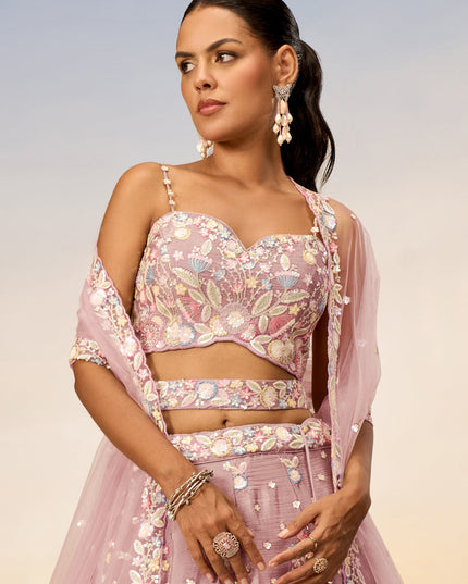 Rose Gold Faux Chiffon Embroidered Wedding Lehenga Choli