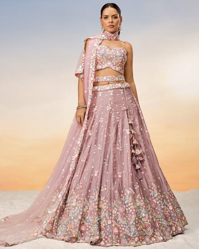 Rose Gold Faux Chiffon Embroidered Wedding Lehenga Choli