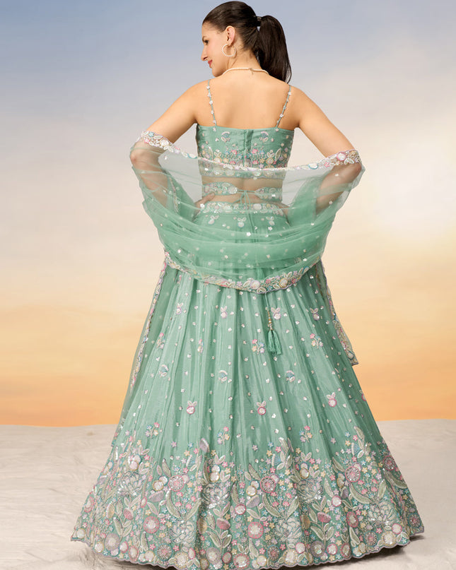 Mint Green Faux Chiffon Embroidered Wedding Lehenga Choli