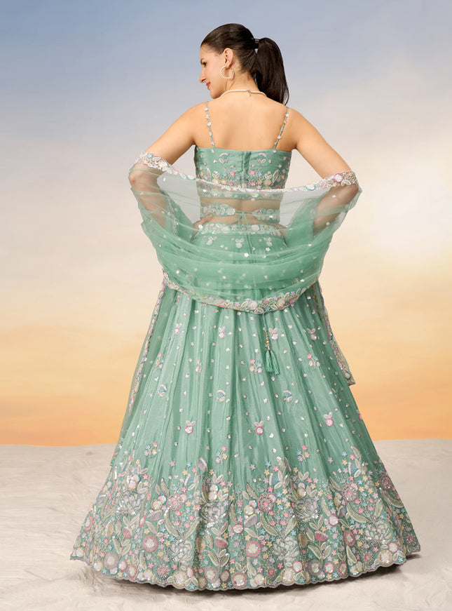 Mint Green Faux Chiffon Embroidered Wedding Lehenga Choli