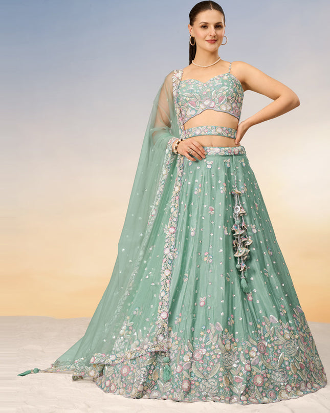 Mint Green Faux Chiffon Embroidered Wedding Lehenga Choli