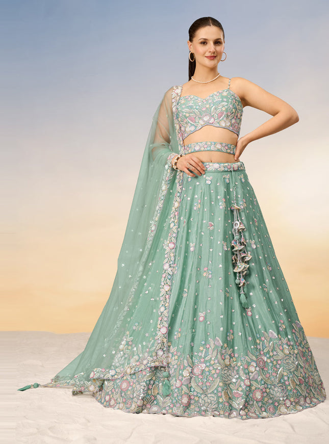 Mint Green Faux Chiffon Embroidered Wedding Lehenga Choli
