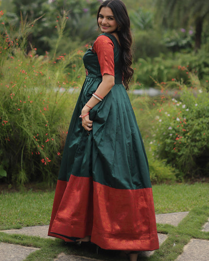 Pine Green Banarasi Jacquard Silk Gown For Festival