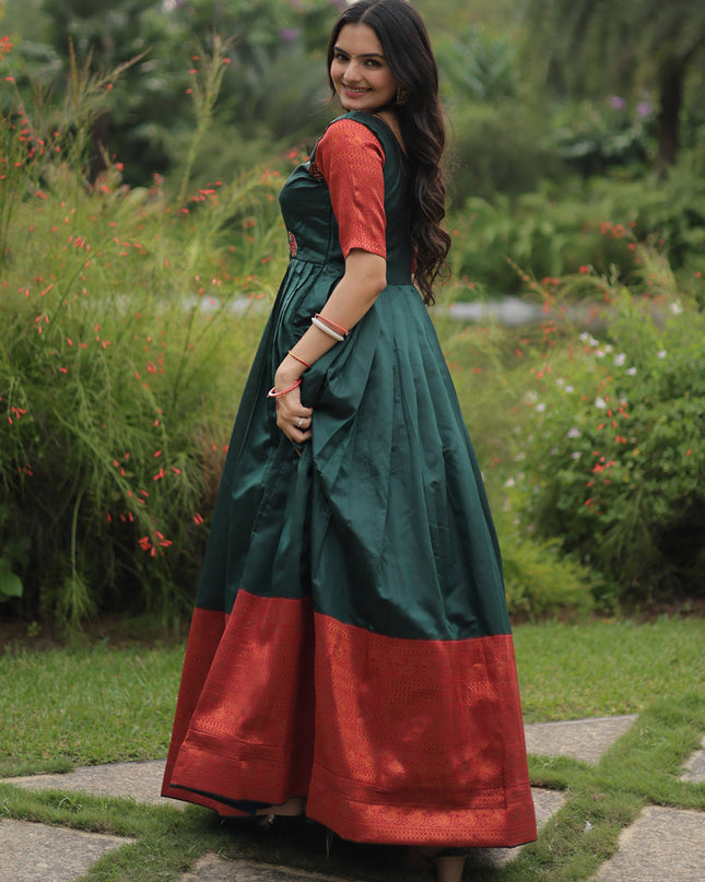 Pine Green Banarasi Jacquard Silk Gown For Festival