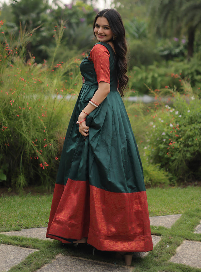 Pine Green Banarasi Jacquard Silk Gown For Festival