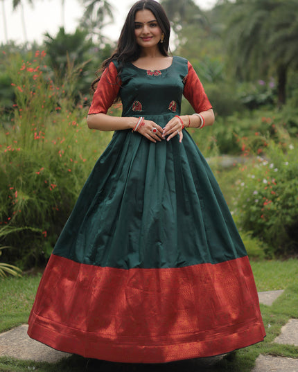 Pine Green Banarasi Jacquard Silk Gown For Festival