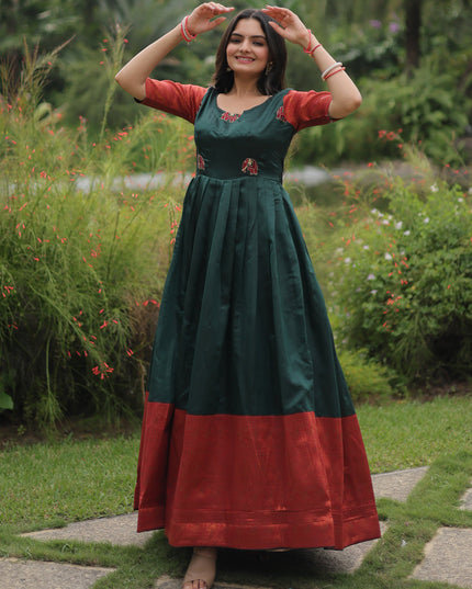 Pine Green Banarasi Jacquard Silk Gown For Festival
