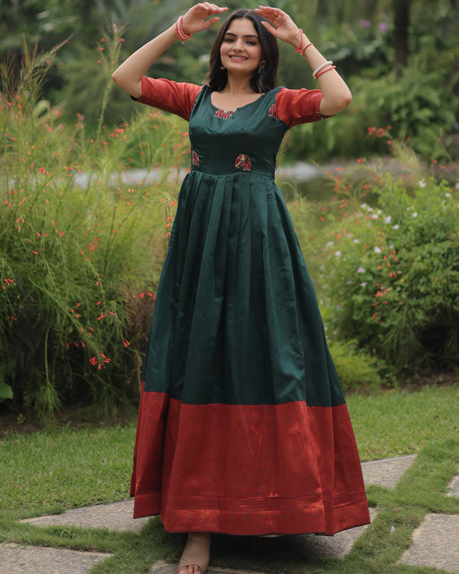 Pine Green Banarasi Jacquard Silk Gown For Festival