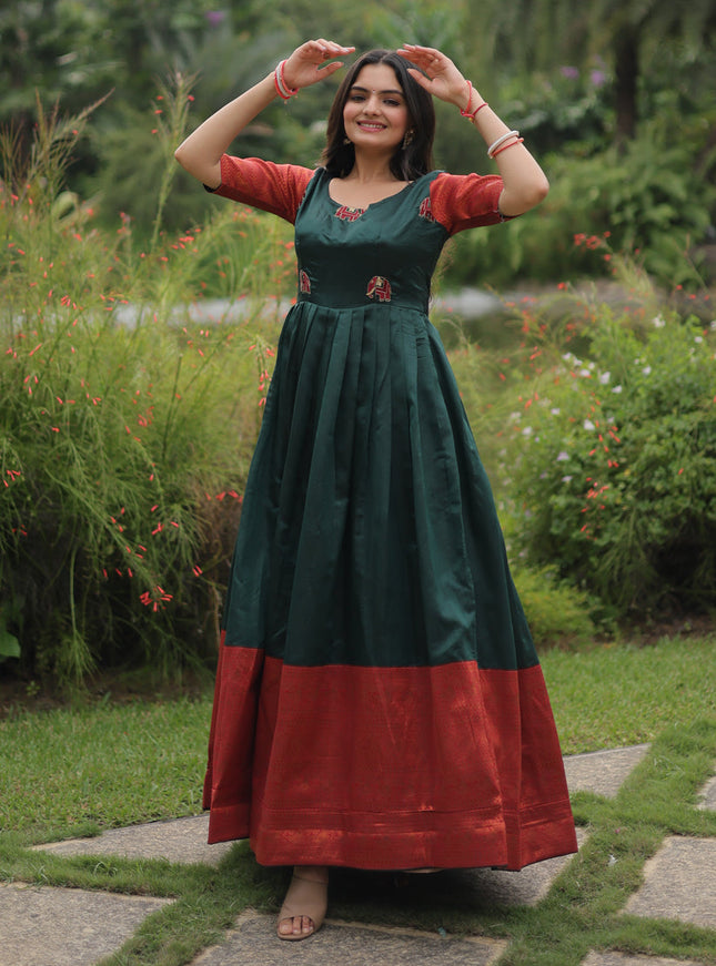 Pine Green Banarasi Jacquard Silk Gown For Festival