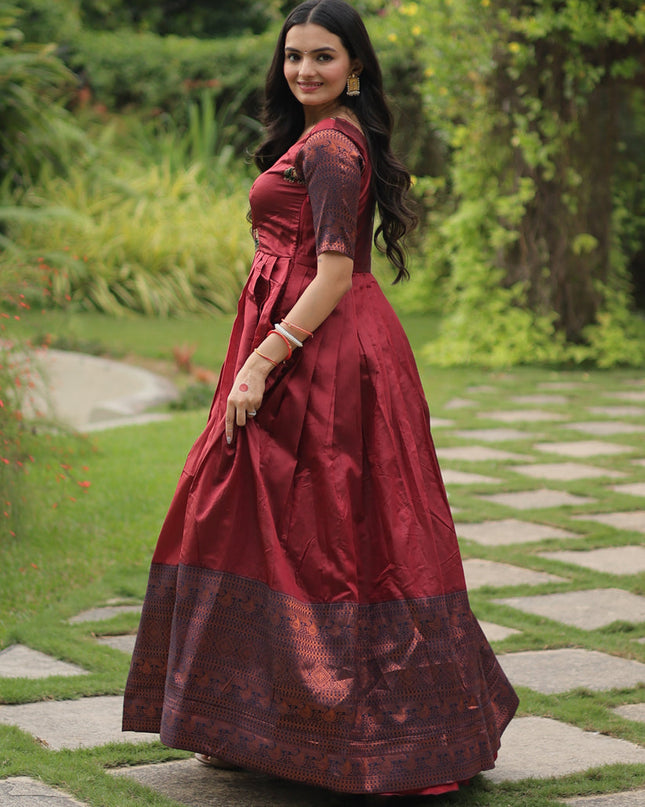 Maroon Banarasi Jacquard Silk Gown For Festival