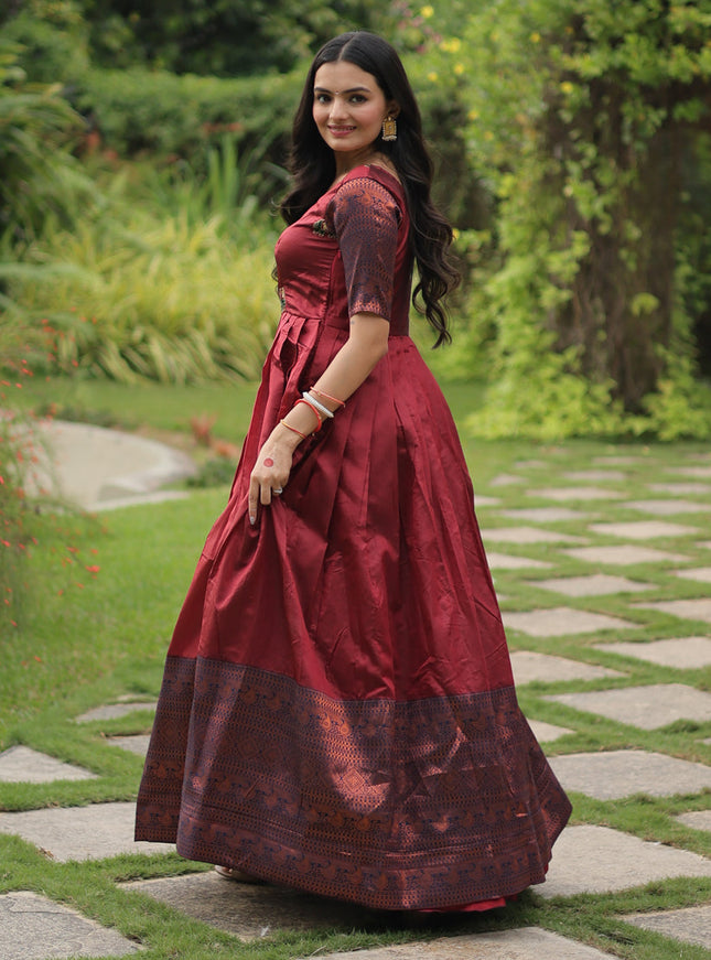 Maroon Banarasi Jacquard Silk Gown For Festival