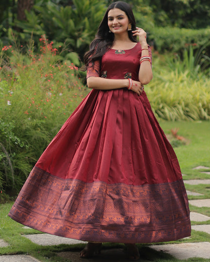 Maroon Banarasi Jacquard Silk Gown For Festival