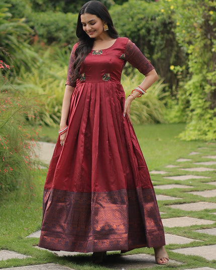 Maroon Banarasi Jacquard Silk Gown For Festival